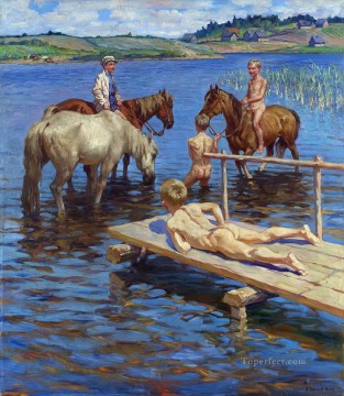 Mascotas y niños Painting - caballos bañando a Nikolay Bogdanov Belsky niños animal mascota